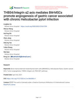 THBS4/Integrin Α2 Axis Mediates BM-Mscs Promote Angiogenesis of Gastric Cancer Associated with Chronic Helicobacter Pylori Infection