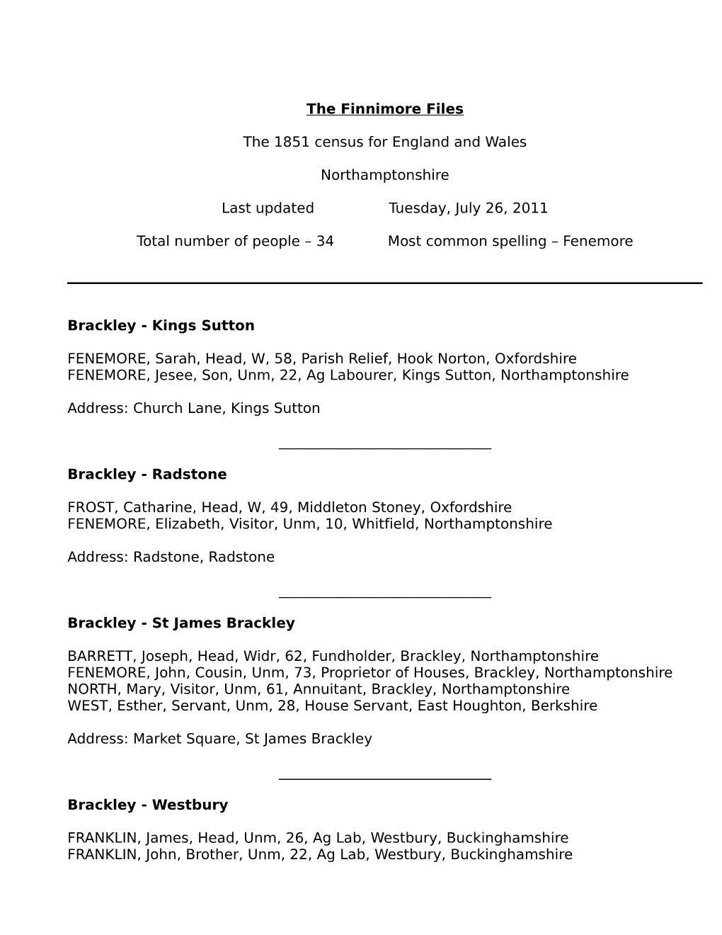 The Finnimore Files the 1851 Census for England and Wales Northamptonshire Last Updated Tuesday, July 26, 2011 Total Number of P