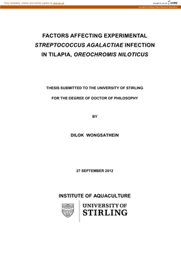 Factors Affecting Experimental Streptococcus Agalactiae Infection in Tilapia, Oreochromis Niloticus