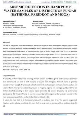 Arsenic Detection in Hand Pump Water Samples of Districts of Punjab (Bathinda, Faridkot and Moga)