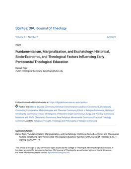 Historical, Socio-Economic, and Theological Factors Influencing Early Pentecostal Theological Education