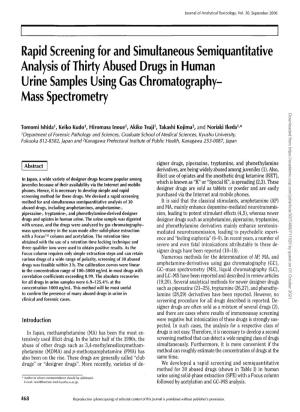Rapid Screening for and Simultaneous Semiquantitative Analysis of Thirty Abused Drugs in Human Urine Samples Using Gas Chromatography-Mass Spectrometry" by T