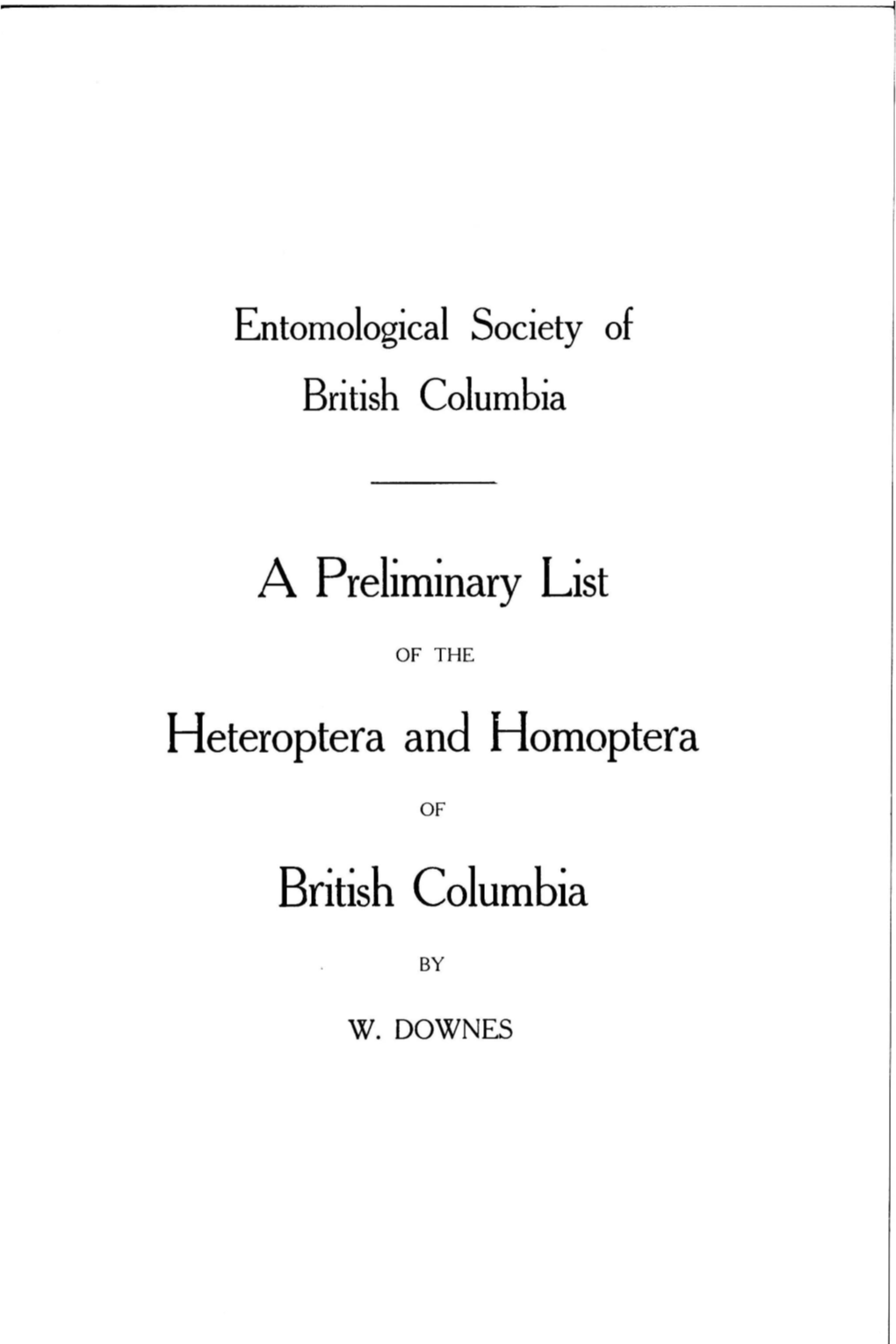 A Preliminary List Heteroptera and Homoptera British Columbia