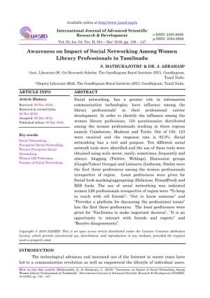 Awareness on Impact of Social Networking Among Women Library Professionals in Tamilnadu