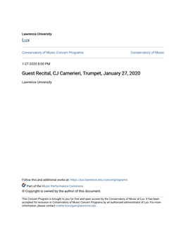 Guest Recital, CJ Camerieri, Trumpet, January 27, 2020