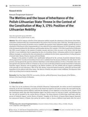 The Wettins and the Issue of Inheritance of the Polish-Lithuanian State Throne in the Context of the Constitution of May 3, 1791: Position of the Lithuanian Nobility