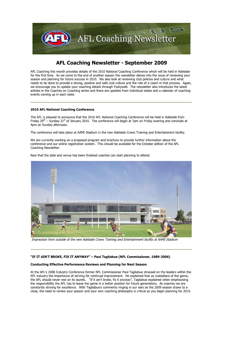 AFL Coaching Newsletter - September 2009