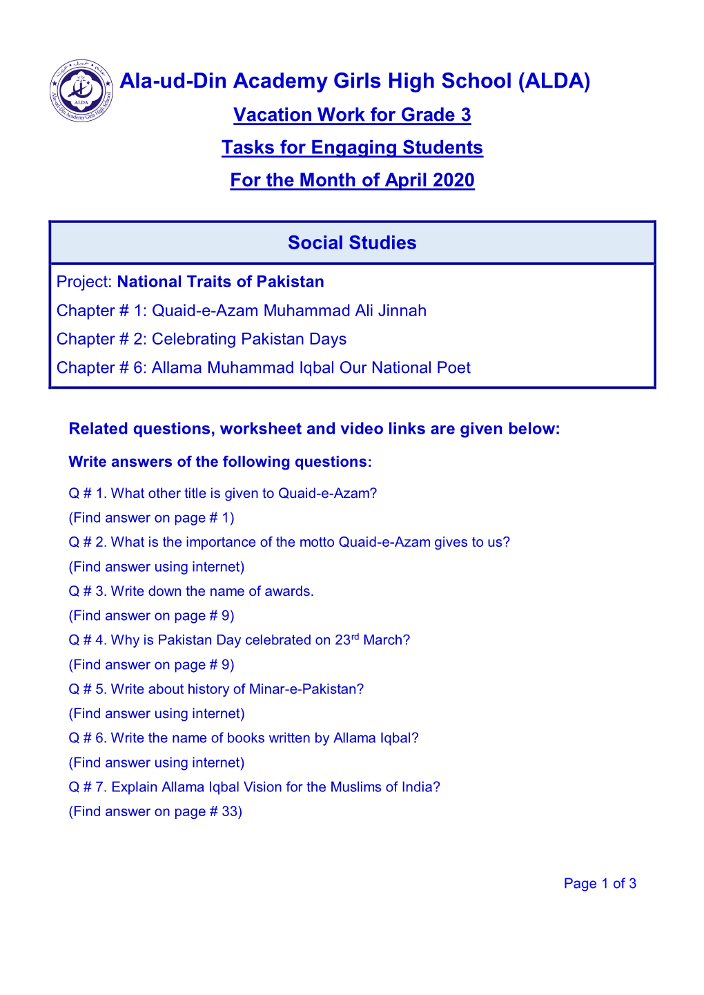 Vacation Work for Grade 3 Tasks for Engaging Students for the Month of April 2020 Social Studies