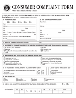 CONSUMER COMPLAINT FORM Office of the Indiana Attorney General