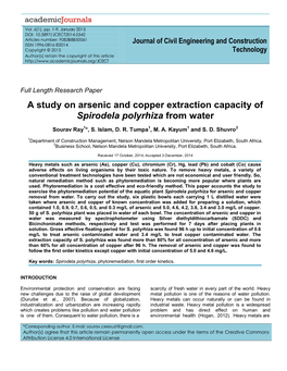 A Study on Arsenic and Copper Extraction Capacity of Spirodela Polyrhiza from Water