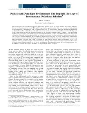 Politics and Paradigm Preferences: the Implicit Ideology of International Relations Scholars1