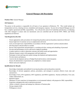 General Manager Job Description