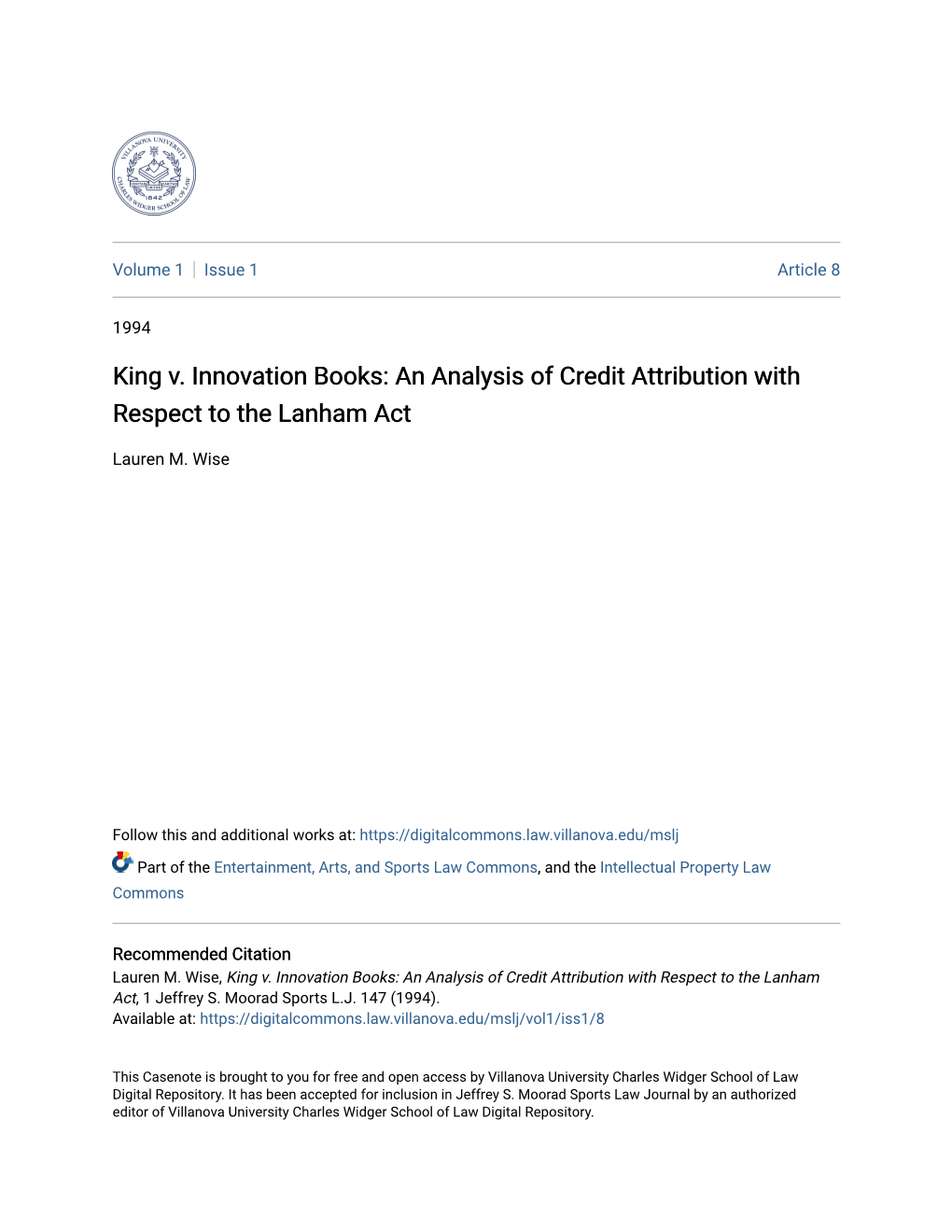 King V. Innovation Books: an Analysis of Credit Attribution with Respect to the Lanham Act