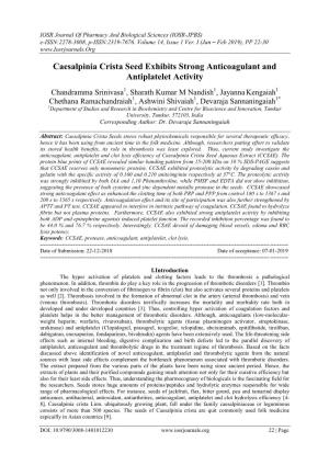 Caesalpinia Crista Seed Exhibits Strong Anticoagulant and Antiplatelet Activity