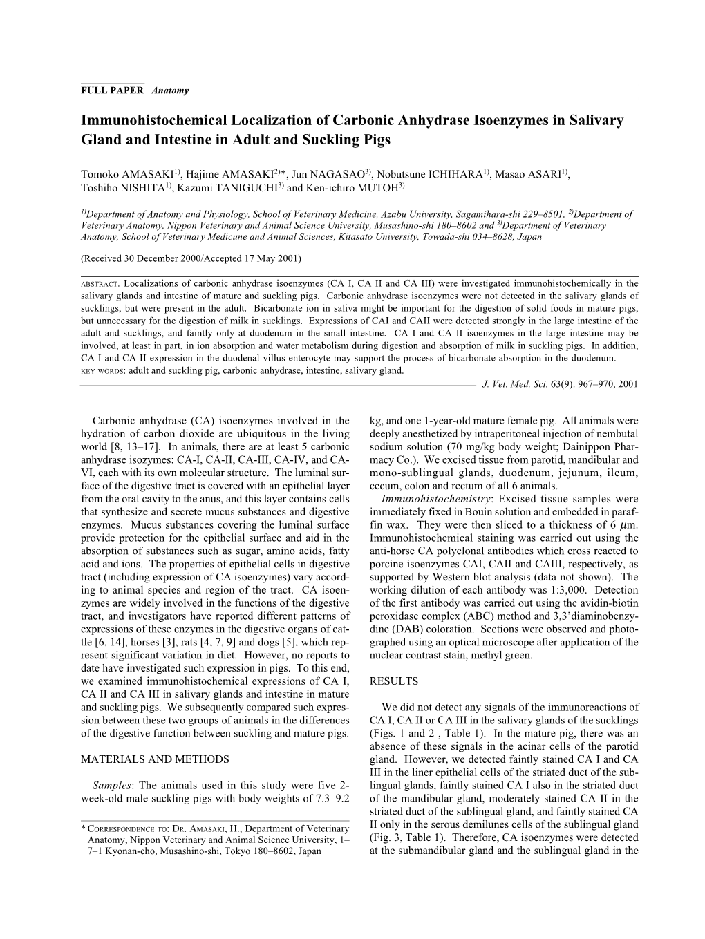 Immunohistochemical Localization of Carbonic Anhydrase Isoenzymes in Salivary Gland and Intestine in Adult and Suckling Pigs