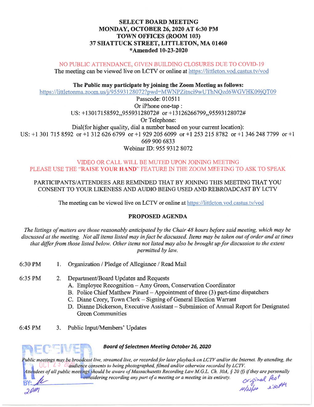 October 26, 2020 Select Board Meeting Packet