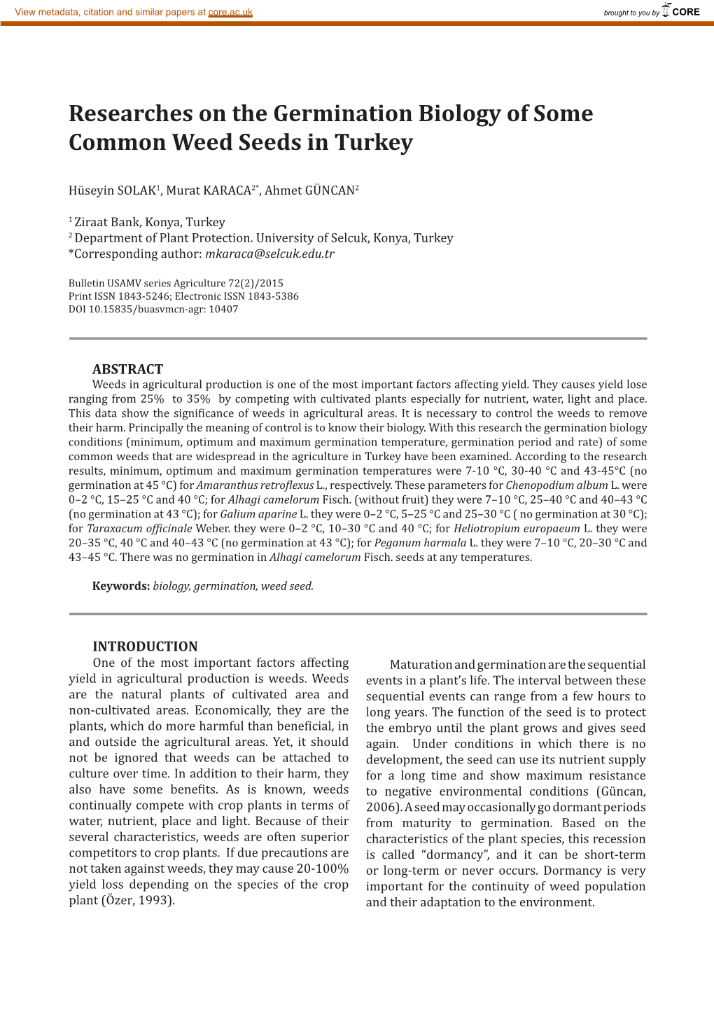 Researches on the Germination Biology of Some Common Weed Seeds in Turkey