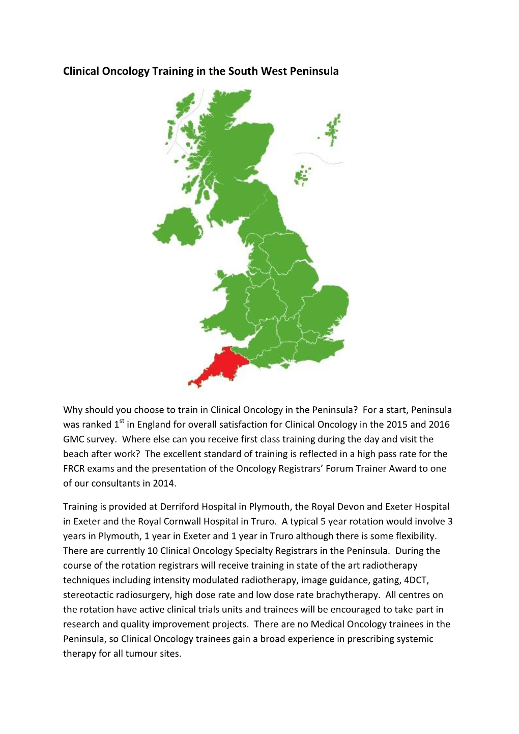 Clinical Oncology Training in the South West Peninsula
