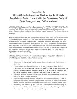 Resolution to Direct Rob Anderson As Chair of the 2018 Utah Republican Party to Work with the Governing Body of State Delegates and SCC Members