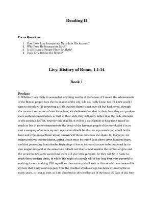 Reading II Livy, History of Rome, 1.1-14