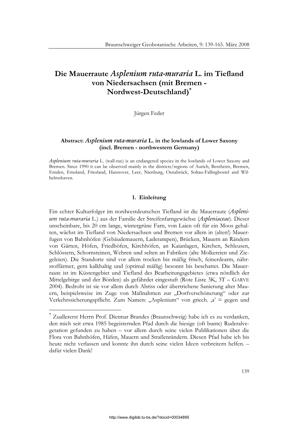 Die Mauerraute Asplenium Ruta-Muraria L. Im Tiefland Von Niedersachsen (Mit Bremen - Nordwest-Deutschland)*