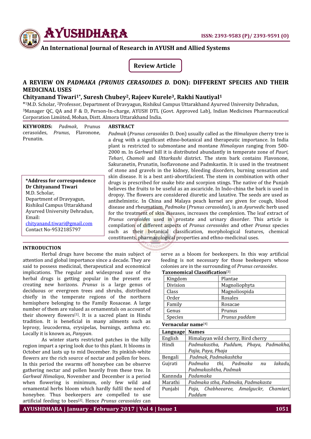 AYUSHDHARA ISSN: 2393-9583 (P)/ 2393-9591 (O) an International Journal of Research in AYUSH and Allied Systems