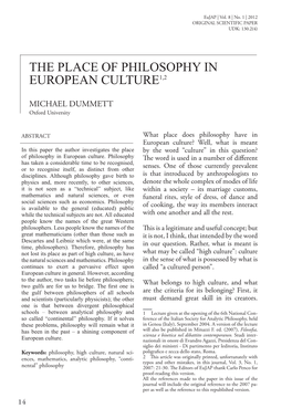 The Place of Philosophy in European Culture1,2