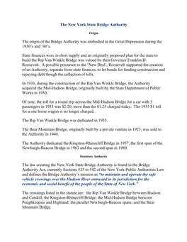 The New York State Bridge Authority the Origin of the Bridge Authority Was Embodied in the Great Depression During the 1930'S