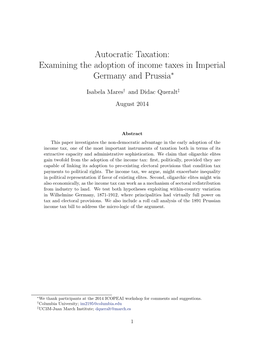 Autocratic Taxation: Examining the Adoption of Income Taxes in Imperial Germany and Prussia∗