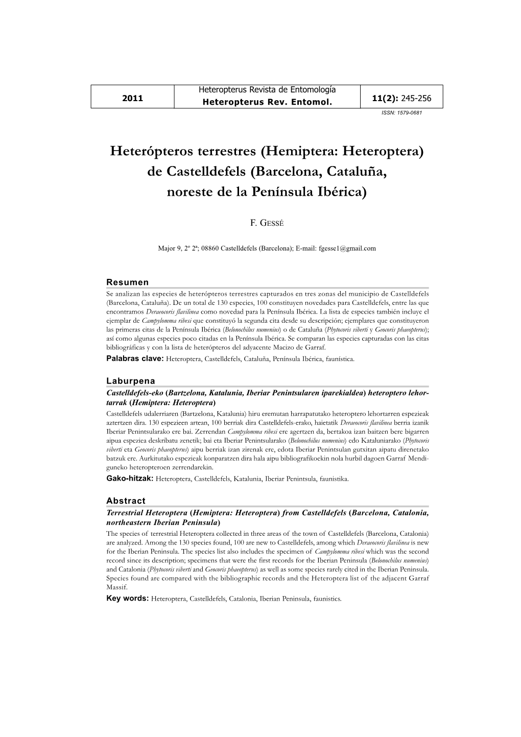 Heterópteros Terrestres (Hemiptera: Heteroptera) De Castelldefels (Barcelona, Cataluña, Noreste De La Península Ibérica)