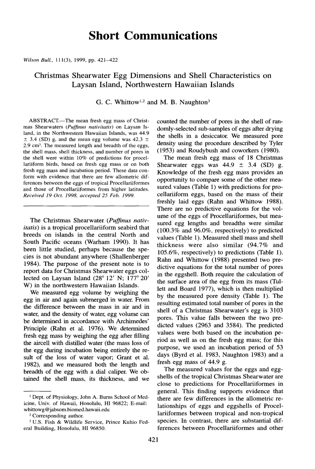 Christmas Shearwater Egg Dimensions and Shell Characteristics on Laysan Island, Northwestern Hawaiian Islands