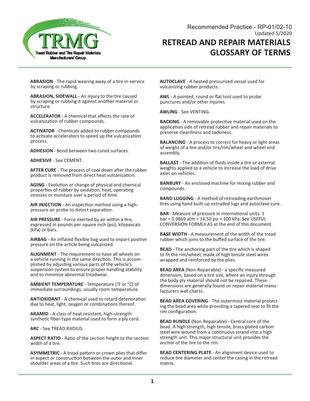 Retread and Repair Materials Glossary of Terms