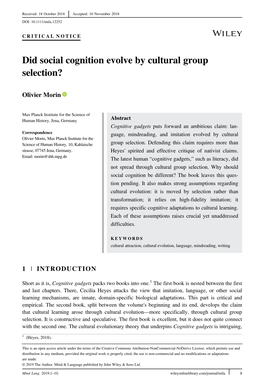 Did Social Cognition Evolve by Cultural Group Selection?
