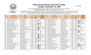 Travis County Election Day Vote Centers Tuesday, December 15, 2020