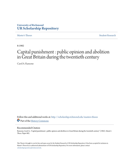 Capital Punishment : Public Opinion and Abolition in Great Britain During the Twentieth Century Carol A