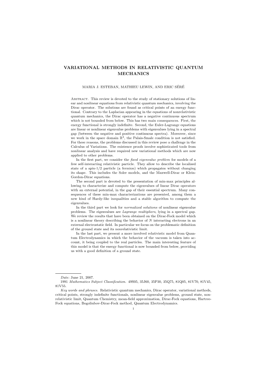 Variational Methods in Relativistic Quantum Mechanics