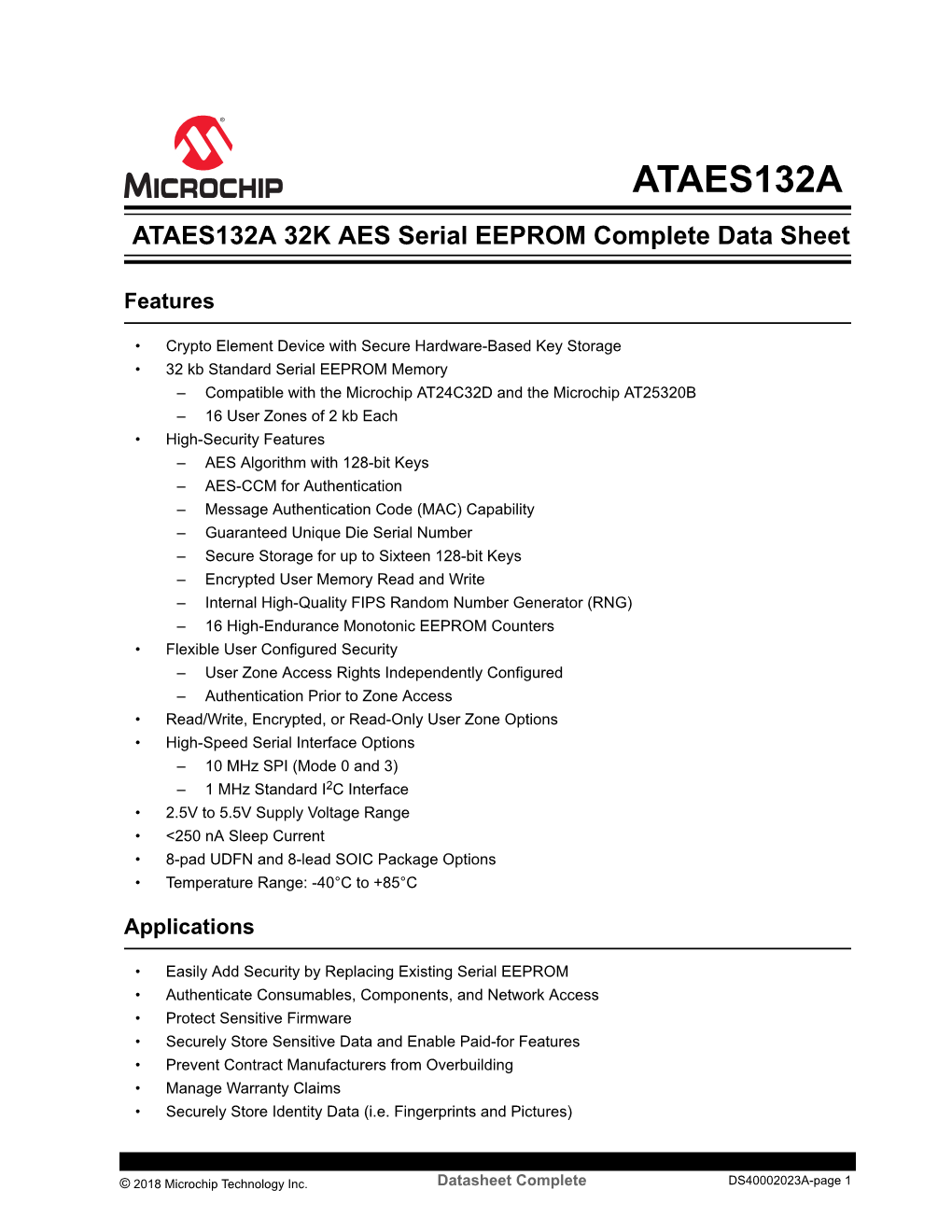 ATAES132A 32K AES Serial EEPROM Complete Data Sheet