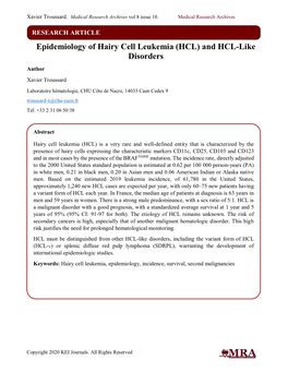 Epidemiology of Hairy Cell Leukemia (HCL) and HCL-Like Disorders Author Xavier Troussard