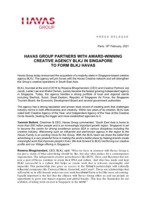 Havas Group Partners with Award-Winning Creative Agency Blkj in Singapore to Form Blkj Havas