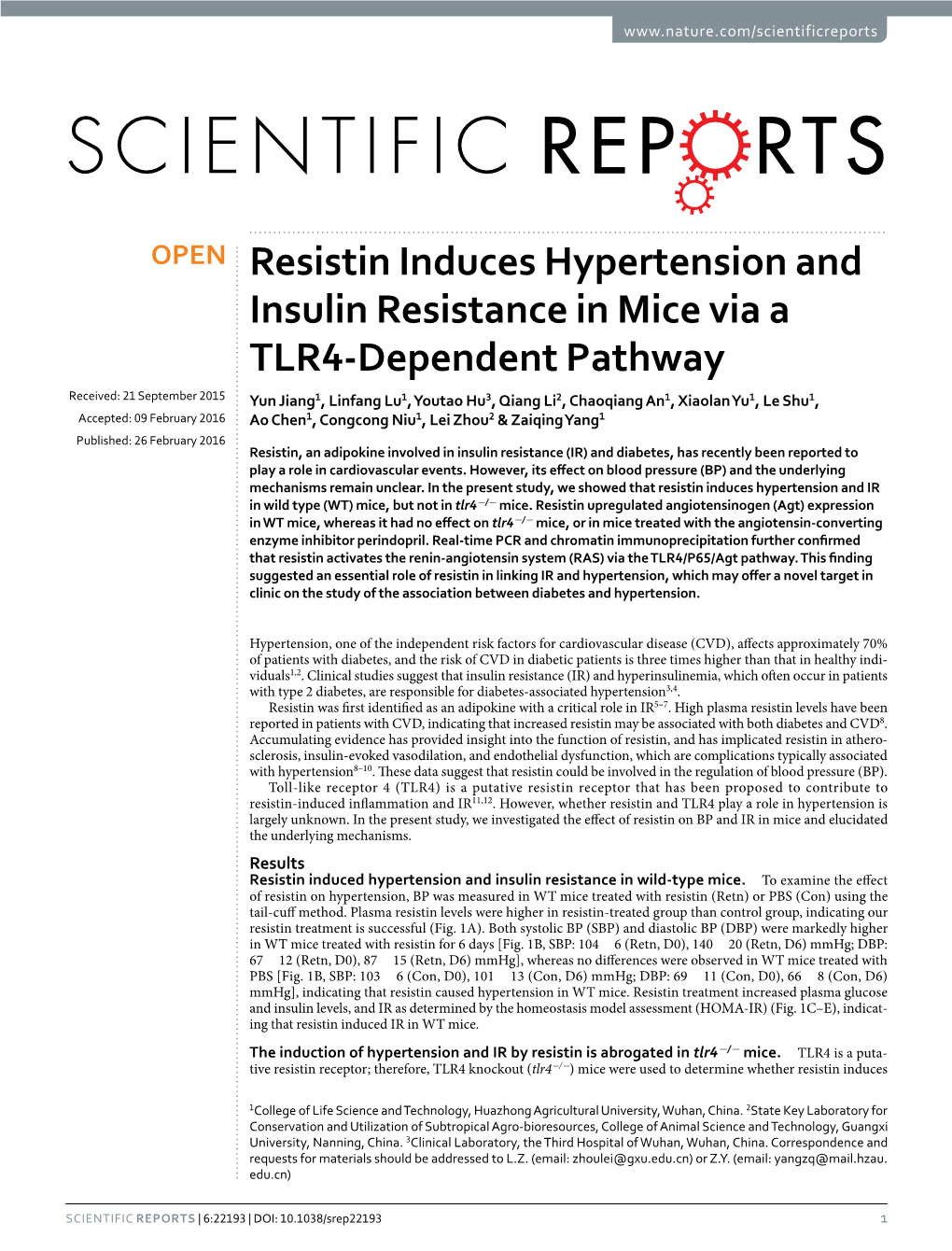 Resistin Induces Hypertension and Insulin Resistance in Mice Via a TLR4-Dependent Pathway