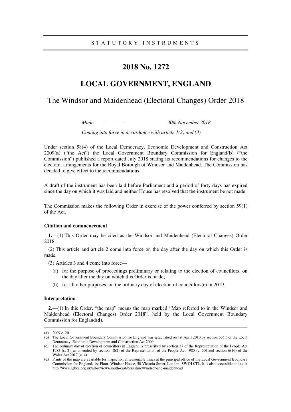 The Windsor and Maidenhead (Electoral Changes) Order 2018