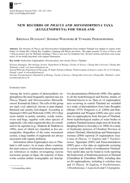 New Records of Phacus and Monomorphina Taxa (Euglenophyta) for Thailand