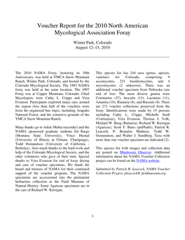 Voucher Report for the 2010 North American Mycological Association Foray