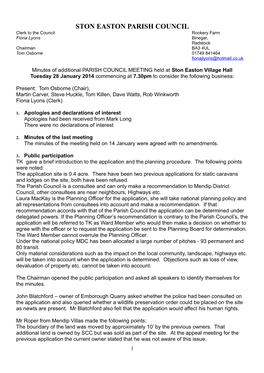 STON EASTON PARISH COUNCIL Clerk to the Council Rookery Farm Fiona Lyons Binegar, Radstock Chairman BA3 4UL Tom Osborne 01749 841464 Fionajlyons@Hotmail.Co.Uk