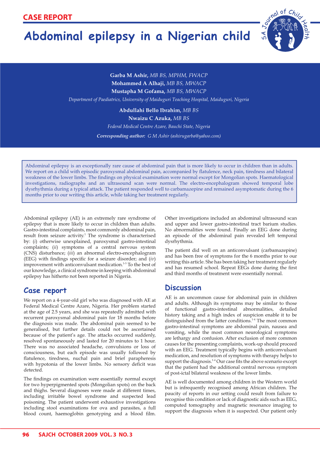 Abdominal Epilepsy in a Nigerian Child S