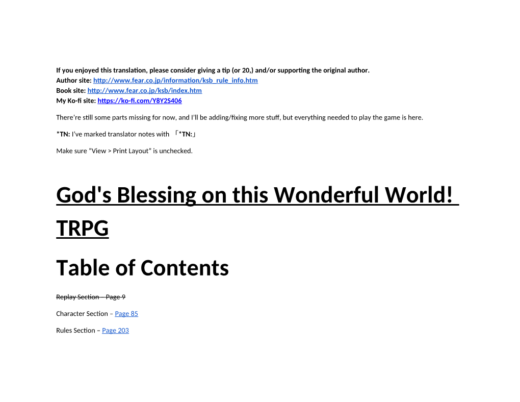 God's Blessing on This Wonderful World! TRPG Table of Contents