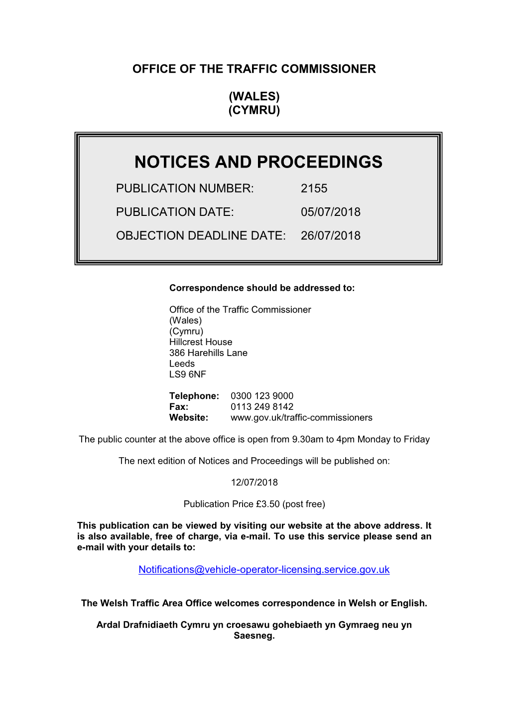 Notices and Proceedings for Wales