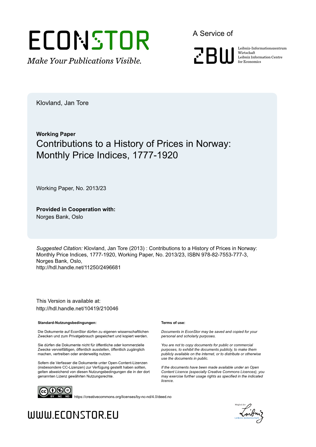 Contributions to a History of Prices in Norway: Monthly Price Indices, 1777-1920