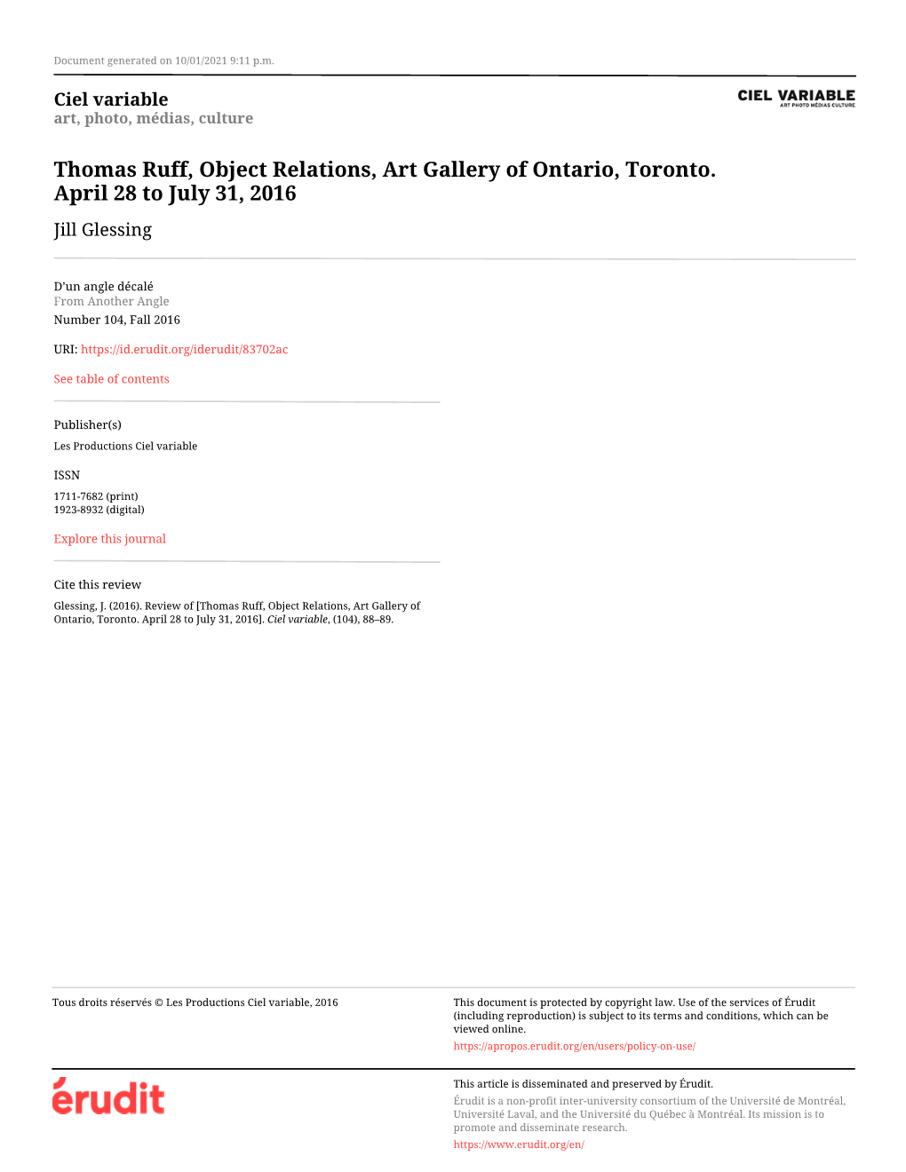 Thomas Ruff, Object Relations, Art Gallery of Ontario, Toronto. April 28 to July 31, 2016 Jill Glessing