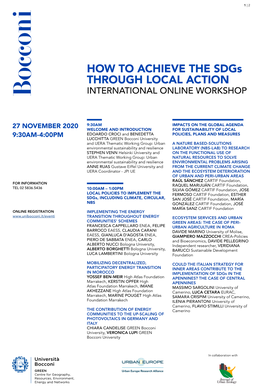 HOW to ACHIEVE the Sdgs THROUGH LOCAL ACTION INTERNATIONAL ONLINE WORKSHOP